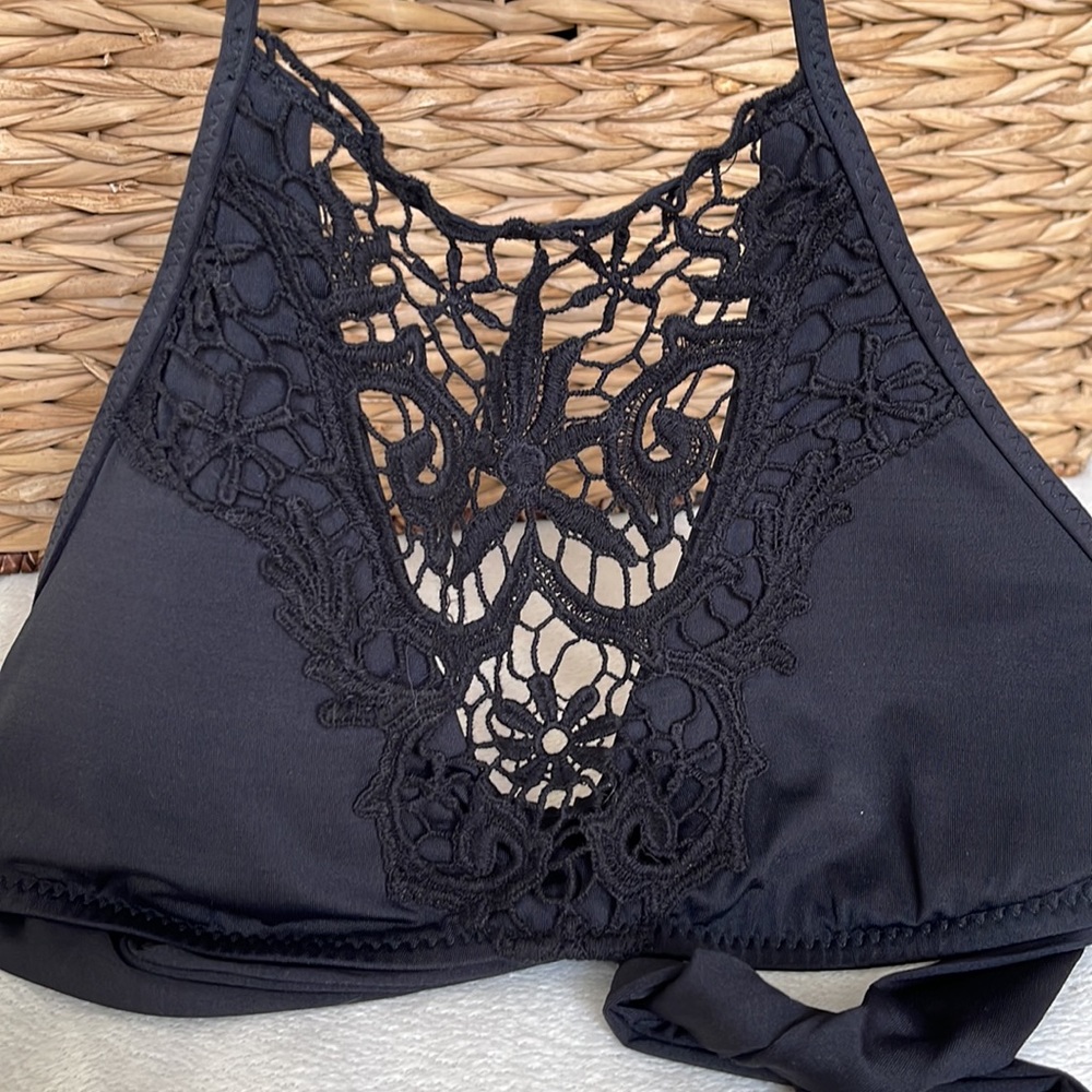 BECCA Black Size Small Crochet High Neck Swim Top Adjustable Tie Back